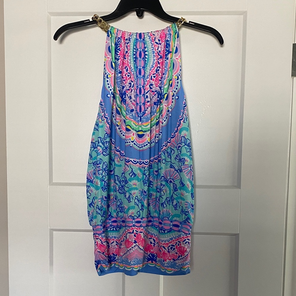 Colorful Patterned Halter Top with banded bottom.